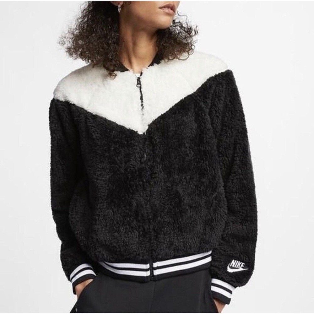 NIKE Sportswear Jacket Medium Sherpa Bomber Varsity Fleece Black White Panda